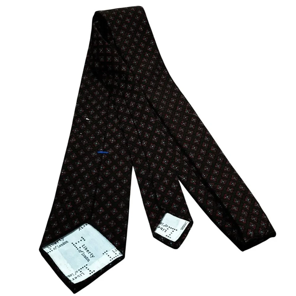 Liberty of London wool blend neck tie dark brown red & blue geometric classic